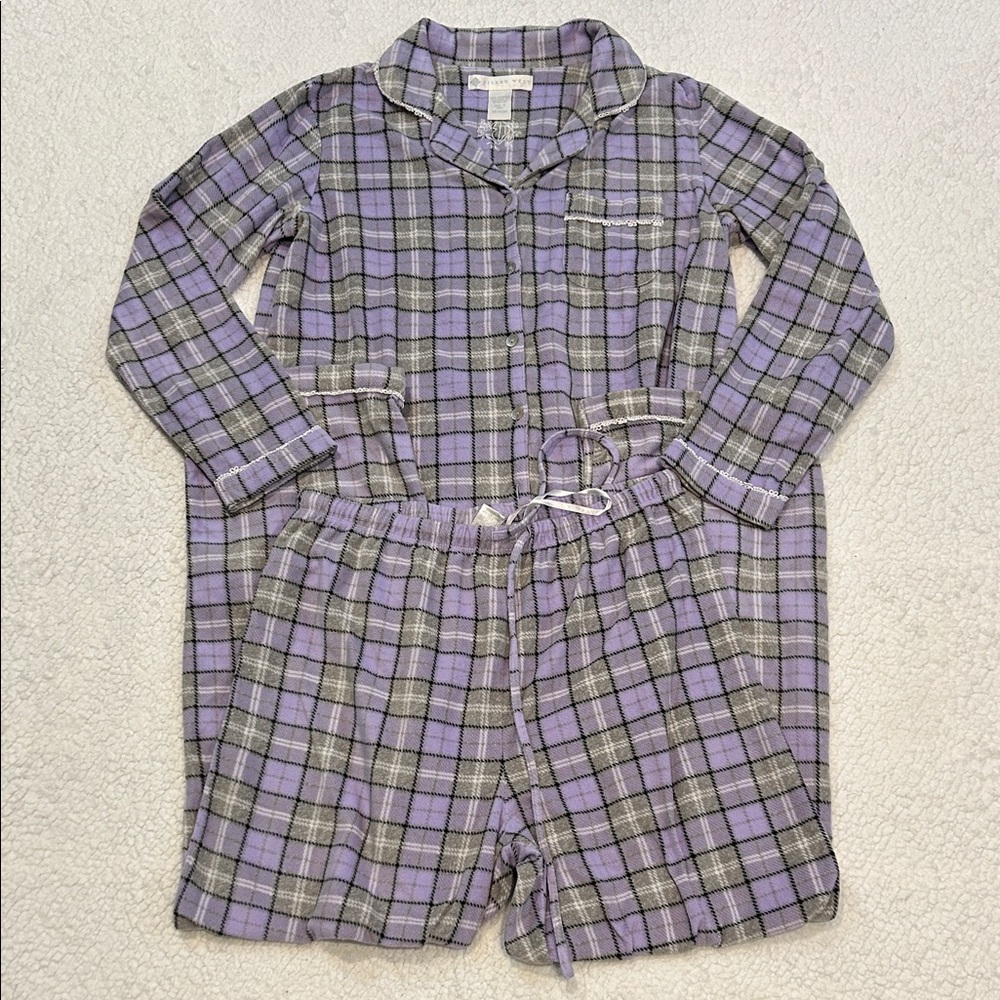 Eileen West 2 Piece Pajama Set Purple Plaid Button Up size Medium Lace Detail